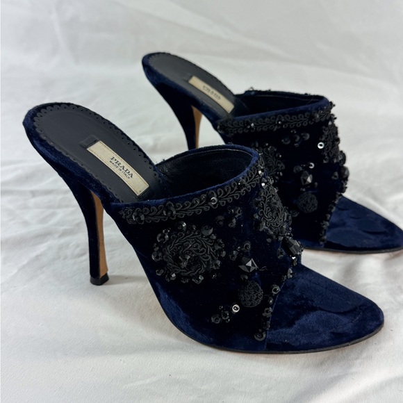 PRADA Navy Blue Velvet Faux Stone Embroidered Heels Sandals 36.5 - 6.5US - Picture 4 of 12